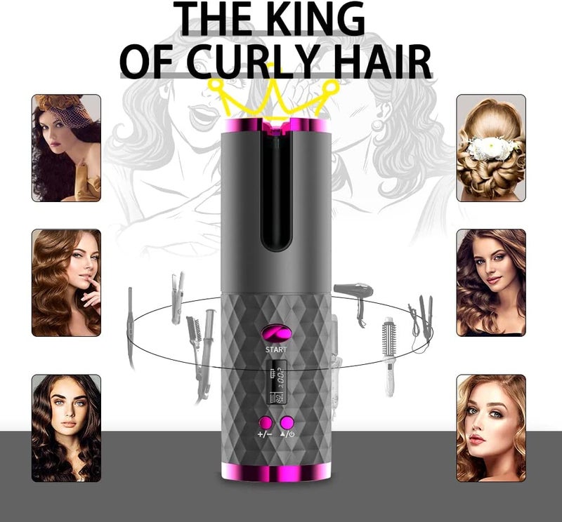 Unbound Cordless Auto Rotating Ceramic Hair Curler USB Rechargeable Automatic Curling Iron LED Display Temperature Wave Curler Gray Color - Image 2