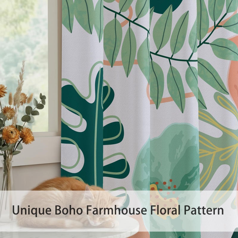 BCLBUSTE White Floral 95% Blackout Curtains 84 inch Long 2 Panels for Bedroom Living Room, Vintage Boho Farmhouse Room Darkening Curtains Decorative Botanical Print Patterned Black Out Grommet Drapes,52Wx84L - Image 2