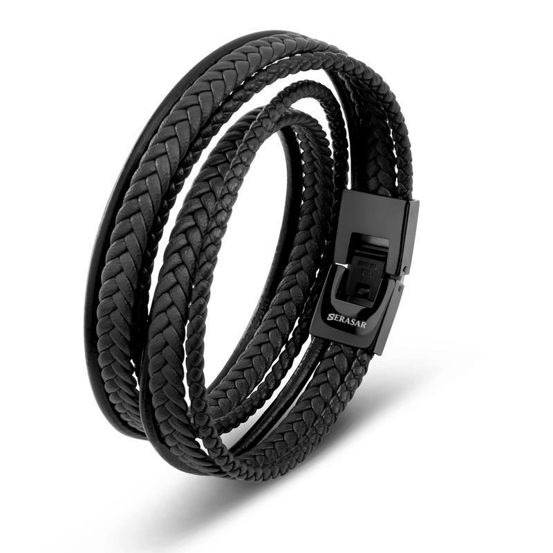 SERASAR Black Bracelet Leather Men 34cm Gift-Box Genuine-Leather Cowhide Braided Adjust-Able Multi-Layer Wrap Rope Man Mans Male Boy Boys Mens Bracelets Band Jewelry Stainless Steel Accessories - Image 1