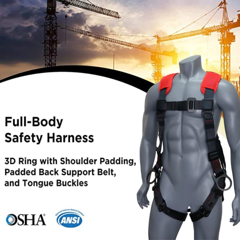 AFP Universal Fall Protection Ergonomic Safety Harness, Soft Pressure-Relieving Perforated Breathable Padded Foam Shoulder, 3 D-Rings, Tongue Buckle, Mating Buckle (OSHA/ANSI PPE) - Image 2