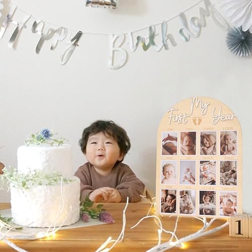 HGFC My First Year Birthday Board - One Year Of Photo Board,Monthly Milestone Wood Photo Board,First Birthday Decorations,12 Months Photo Banner (white) - Image 4