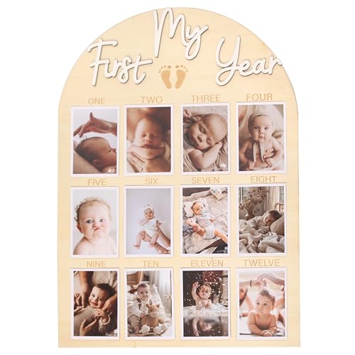 HGFC My First Year Birthday Board - One Year Of Photo Board,Monthly Milestone Wood Photo Board,First Birthday Decorations,12 Months Photo Banner (white) - Image 1