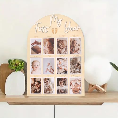 HGFC My First Year Birthday Board - One Year Of Photo Board,Monthly Milestone Wood Photo Board,First Birthday Decorations,12 Months Photo Banner (white) - Image 3