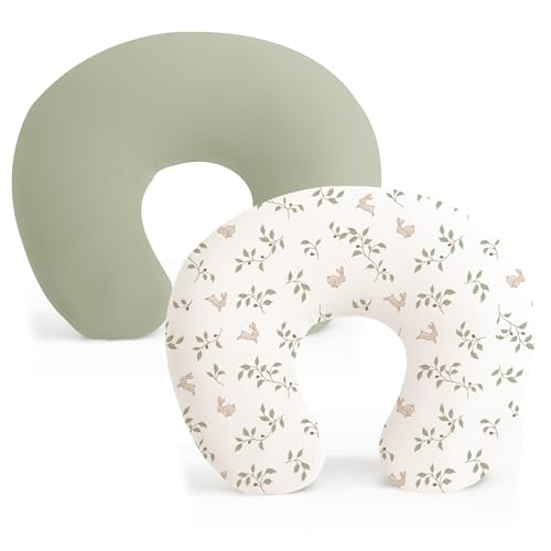 Konssy 2 Pack Nursing Pillow Covers Stretchy and Soft Nursing Cover for Breastfeeding Pillow Slipcover for Baby Girls and Boys Newborn Fog Green Rabbit - Image 1