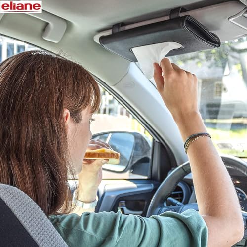 Eliane Car Tissue Holder Sun Visor Napkin for Upgraded Version Hanging Premium PU Leather Universal Auto Easy Use Mask Dispenser Box with Refill (Black, 1 Pcs) - Image 2