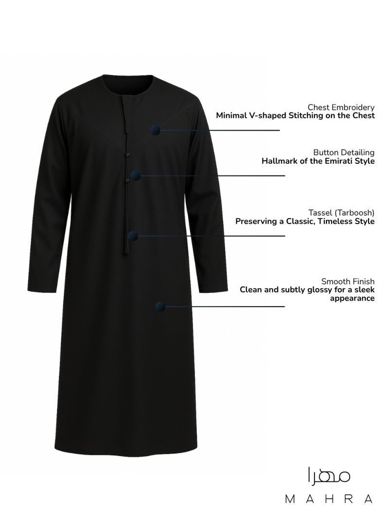 MAHRA CO. Men’s Black Kandora with Removable Tassel | Sizes 52–64 | Sophisticated Arabic Formal Attire for Eid, Weddings, Friday Prayers, and Cultural Celebrations - Image 2