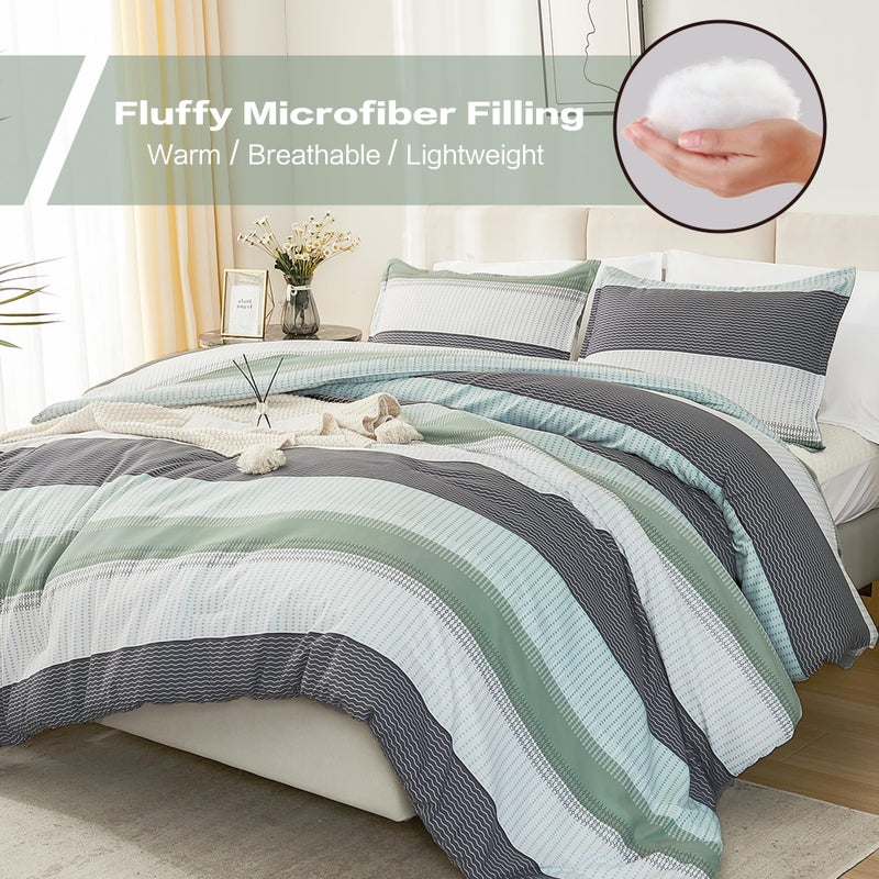 Litanika Litanika California King Comforter Set Sage Green - 3 Pieces Cal King Oversized Lightweight Summer Green White Colorblock Stripe Bedding Set (104x96In  2 Pillowcases)  - Image 2