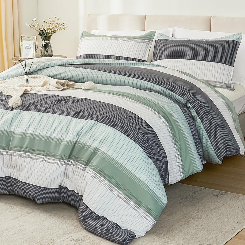 Litanika Litanika California King Comforter Set Sage Green - 3 Pieces Cal King Oversized Lightweight Summer Green White Colorblock Stripe Bedding Set (104x96In  2 Pillowcases)  - Image 1