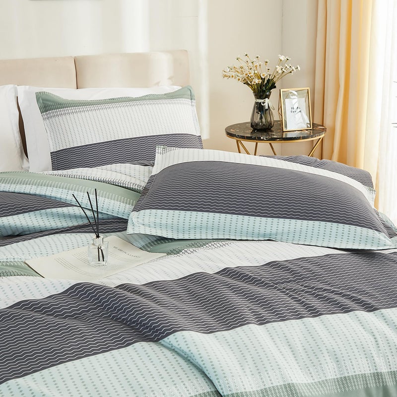 Litanika Litanika California King Comforter Set Sage Green - 3 Pieces Cal King Oversized Lightweight Summer Green White Colorblock Stripe Bedding Set (104x96In  2 Pillowcases)  - Image 4