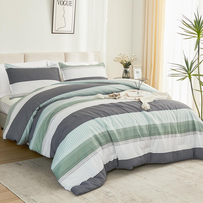 Litanika Litanika California King Comforter Set Sage Green - 3 Pieces Cal King Oversized Lightweight Summer Green White Colorblock Stripe Bedding Set (104x96In  2 Pillowcases)  - Image 3