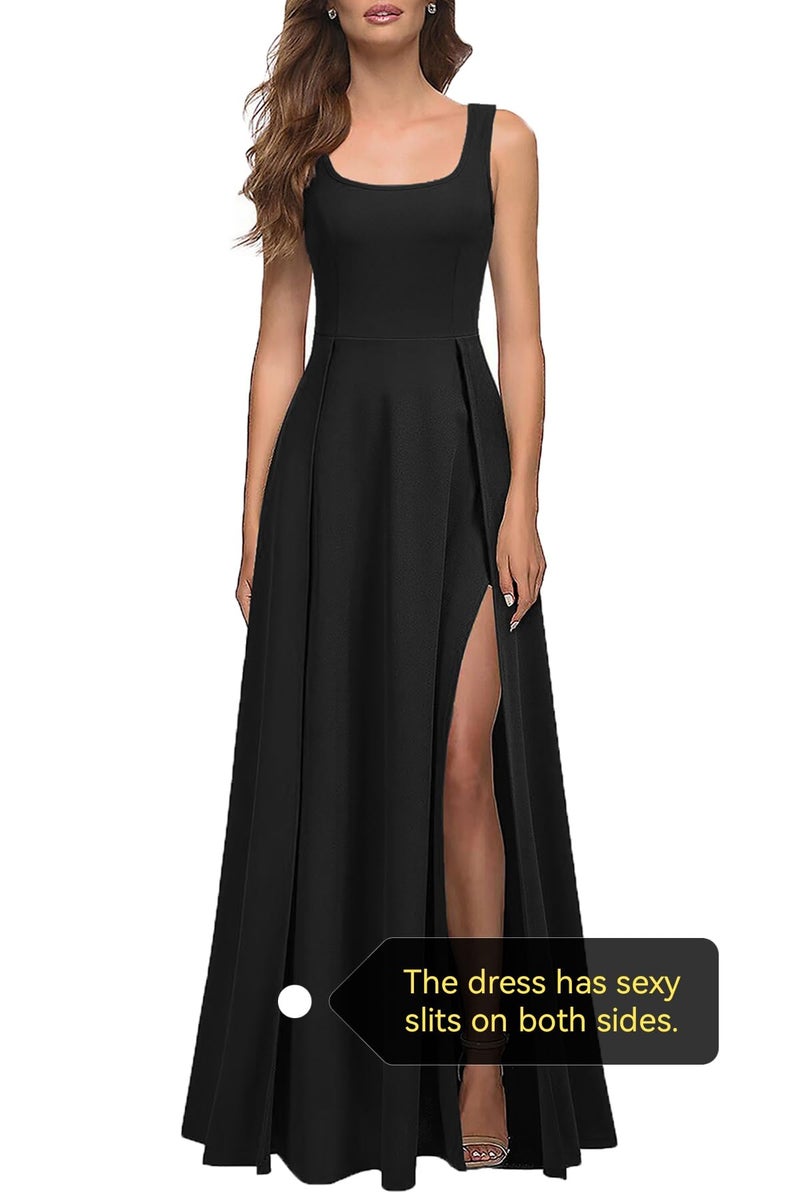MUSHARE Women's Square Neck Sexy Split Cocktail Party Maxi Long Formal Dress Black - Image 4