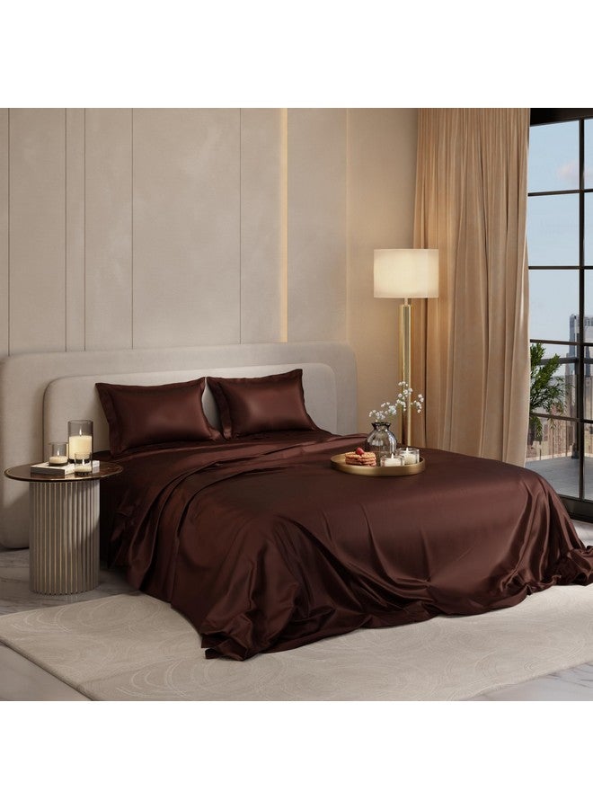 Stoa Paris 300 TC Satin Bedsheet Double Bed with Pillow Covers, Premium Ultra Satin Bedding Set, Gifts for Women, Couples, Wedding, Bedroom Home Furnishing, Date Night Collection - Hot Chocolate - Image 1