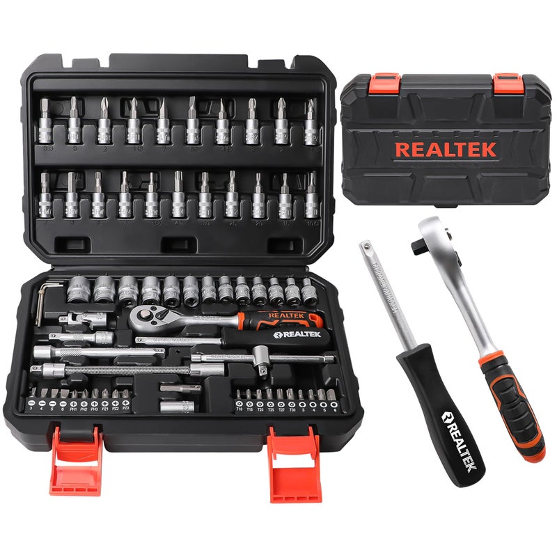 REALTEK 66 Pieces 14 inch Drive Socket Set Ratchet Set with 72 Tooth Reversible Ratchet Bit Socket Set Professional Tool Set for Auto Repairing and Household