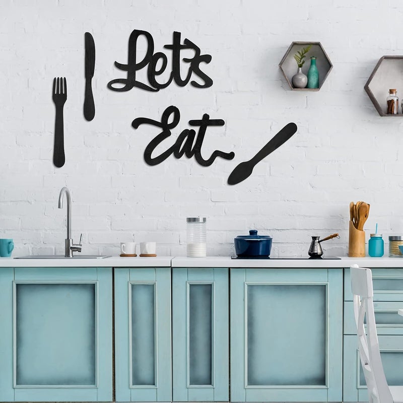 TPGP Jetec 5 Pieces Wooden Let's Eat Sign with Fork, Spoon, and Knife - Rustic Kitchen Wall Decor - Image 4