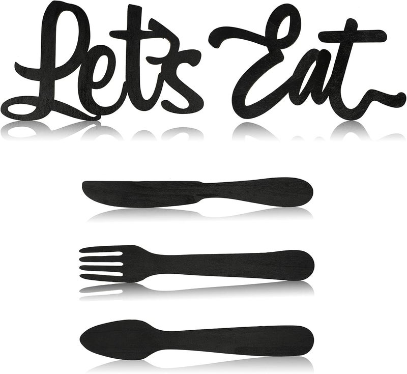 TPGP Jetec 5 Pieces Wooden Let's Eat Sign with Fork, Spoon, and Knife - Rustic Kitchen Wall Decor - Image 1