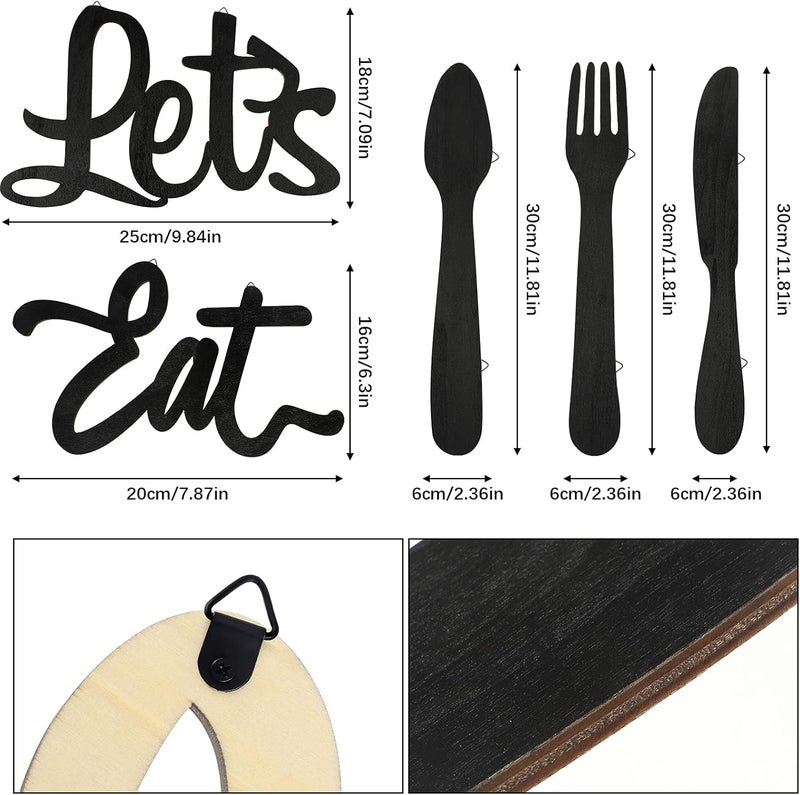 TPGP Jetec 5 Pieces Wooden Let's Eat Sign with Fork, Spoon, and Knife - Rustic Kitchen Wall Decor - Image 3