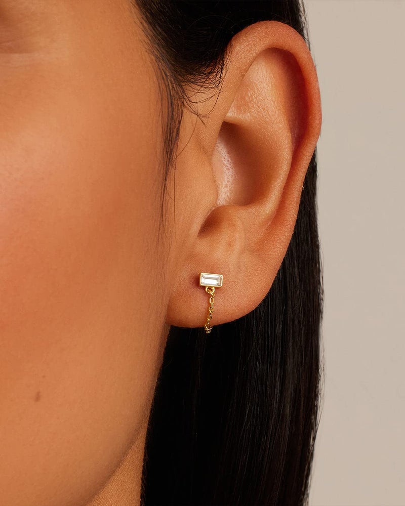 gorjana Women's Desi Chain Huggie Earrings, 18k Gold Plated w/White Crystal, Stud Earring w/Chain Dangle - Image 3