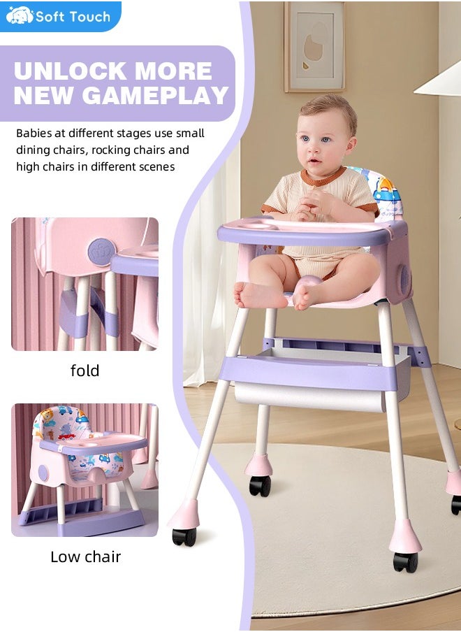 Soft Touch Baby Chair Baby High Chair With Adjustable Height For Dinning Folding Rest Chair with 4 Wheels and Removable Tray Baby Feeding Booster Seat For Toddlers babies 6 Months To 6 Years  - Image 2