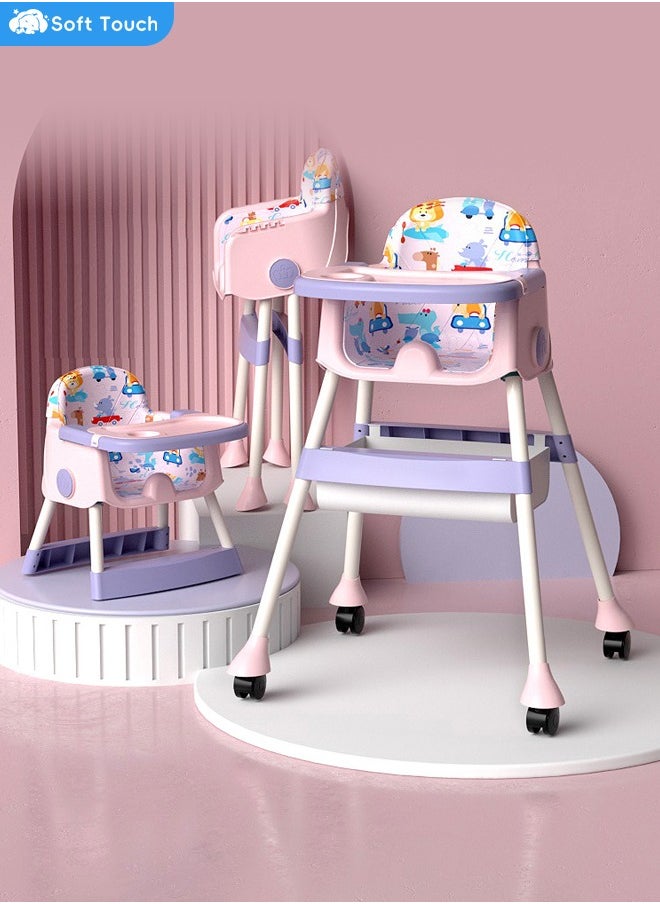 Soft Touch Baby Chair Baby High Chair With Adjustable Height For Dinning Folding Rest Chair with 4 Wheels and Removable Tray Baby Feeding Booster Seat For Toddlers babies 6 Months To 6 Years  - Image 1