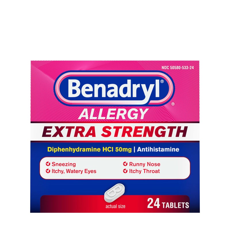 Benadryl بنادريل دواء مضاد الهيستامين لتخفيف الحساسية بتركيز إضافي، 50 ملغ من أقراص ديفينهيدرامين HCl لتخفيف أعراض الحساسية الناتجة عن حمى القش أو غيرها من الحساسية التنفسية العليا، 24 حبة - Image 1