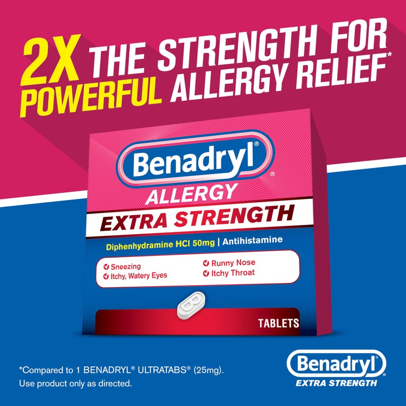 Benadryl بنادريل دواء مضاد الهيستامين لتخفيف الحساسية بتركيز إضافي، 50 ملغ من أقراص ديفينهيدرامين HCl لتخفيف أعراض الحساسية الناتجة عن حمى القش أو غيرها من الحساسية التنفسية العليا، 24 حبة - Image 2