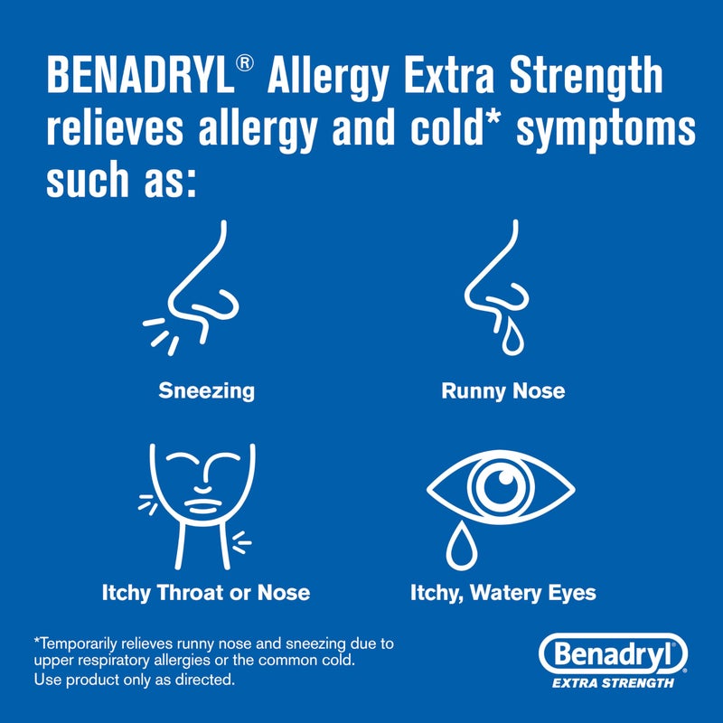 Benadryl بنادريل دواء مضاد الهيستامين لتخفيف الحساسية بتركيز إضافي، 50 ملغ من أقراص ديفينهيدرامين HCl لتخفيف أعراض الحساسية الناتجة عن حمى القش أو غيرها من الحساسية التنفسية العليا، 24 حبة - Image 4