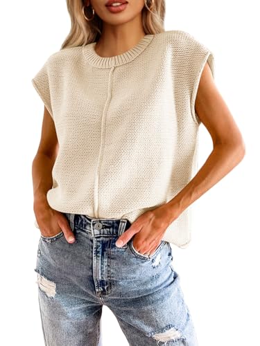 Saodimallsu Women's Crew Neck Knit Sweater Vest Summer Cute Cap Sleeve Lightweight Pullover Top Apricot - Image 1