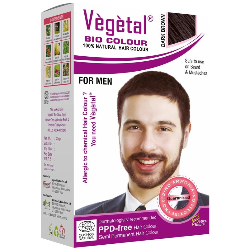 Vegetal تجربة لون نباتي حيوي طبيعي بني داكن لصبغ شعر اللحية للرجال خالي من الأمونيا وخالي من PPD 100% عضوي وعشبي آمن وفعال مجموعة صبغ اللحية الكاملة متضمنة 25 جرام لكل منها - Image 1