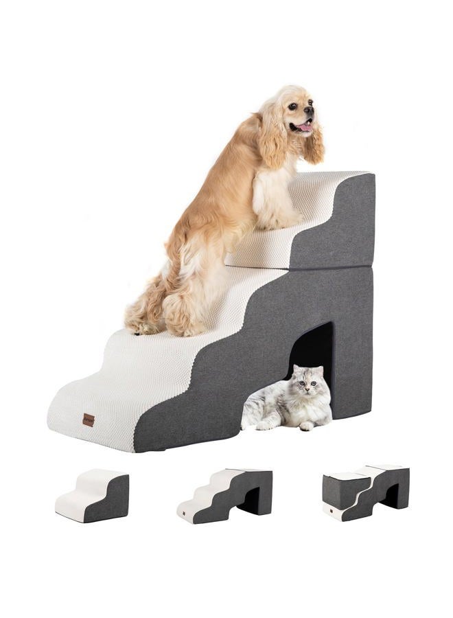 Garnpet Dog Stairs for High Beds with Tunnel, 5-Step Dog Steps for Small Dogs and Cats, Foldable Pet Stairs for High Bed Climbing, Non-Slip Balanced Pet Step Indoor, Beige - Image 1