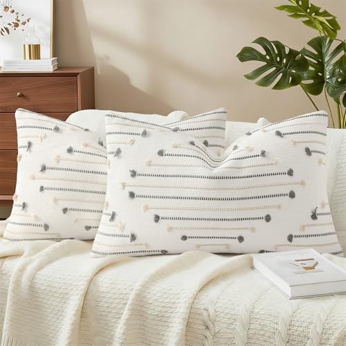 Mecatny Boho Summer Outdoor Throw Pillow Covers 12X20 Set of 2, Farmhouse Lumbar Pillow Covers for Couch Sofa Living Room, Beige & Grey - Image 1