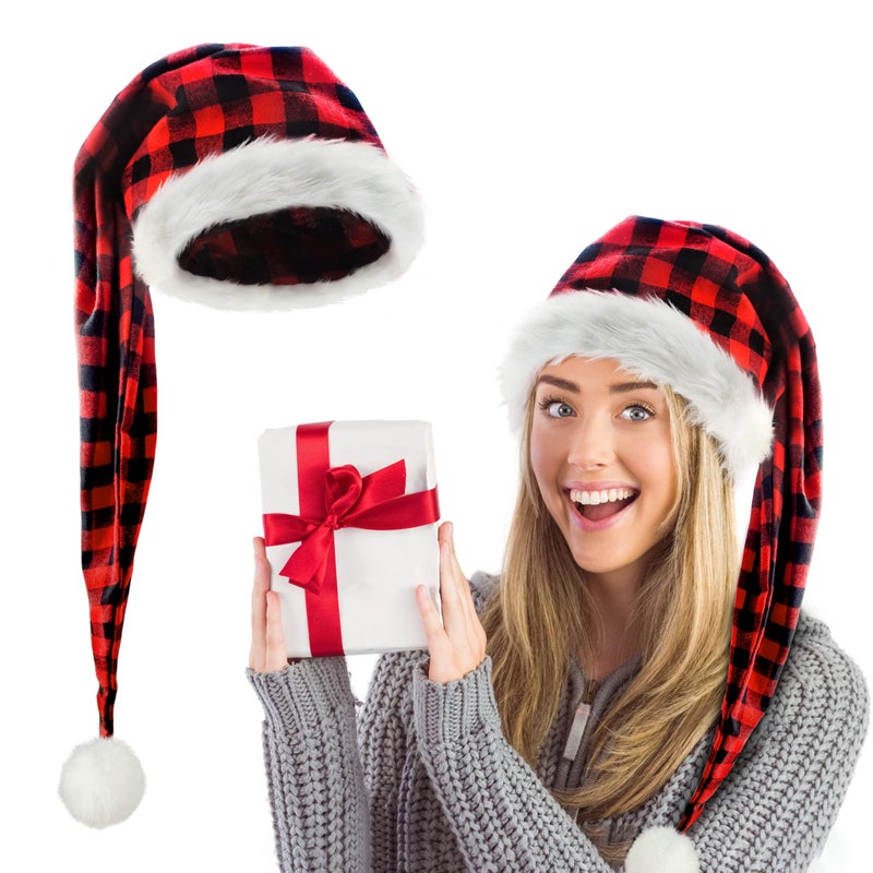 algpty Long Santa Hat for Adult  Red Buffalo Plaid Christmas Santa Hats Unisex Thicken Velvet Long Xmax Holiday Hats for Party Supplies Fluffy Plush Santa Claus Hats for Women Men