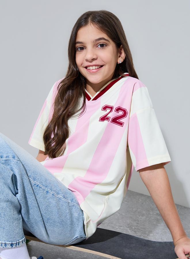 Styli Teen Girls Multi-Color Striped V-Neck Oversized jersey T-Shirt - Image 1