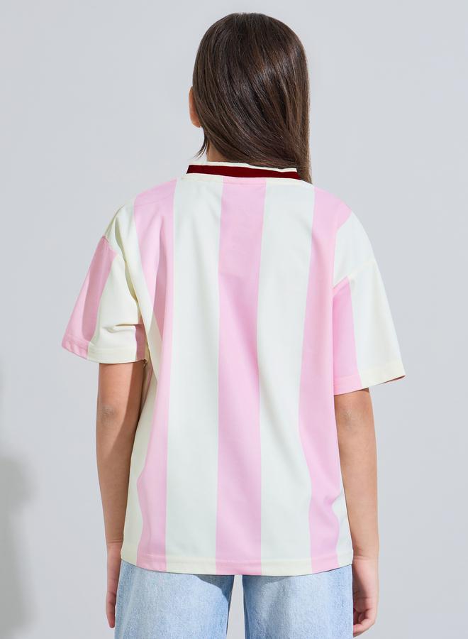 Styli Teen Girls Multi-Color Striped V-Neck Oversized jersey T-Shirt - Image 4