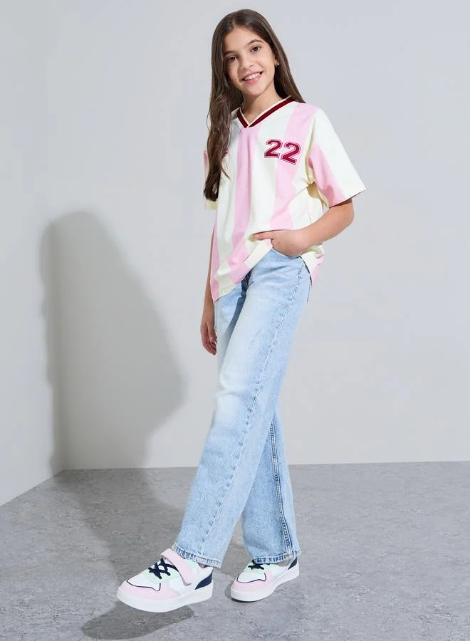 Styli Teen Girls Multi-Color Striped V-Neck Oversized jersey T-Shirt