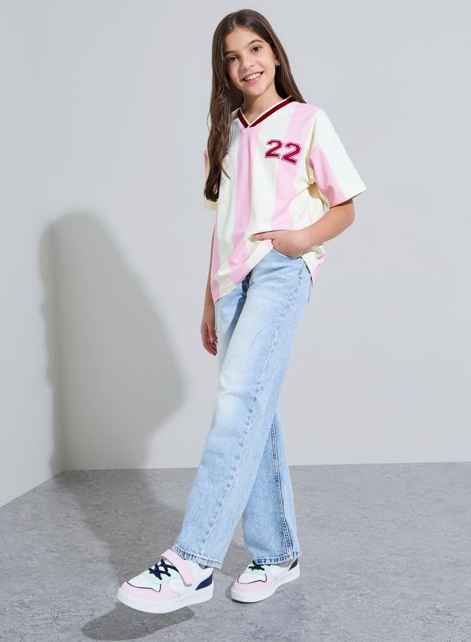 Styli Teen Girls Multi-Color Striped V-Neck Oversized jersey T-Shirt - Image 2