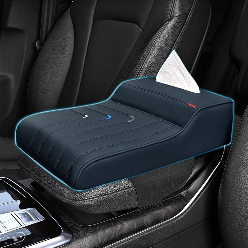 Goodern Car Armrest Support Cushion,Auto Center Console Armrest Pad with Tissue Box Comfortable PU Leather Automotive Elbow Rest Pad Widen Non-Slip Arm Rest Protector Cover Fit for Most Car-Blue - Image 1