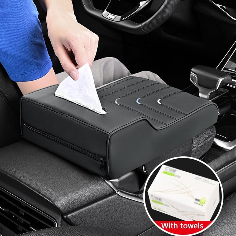 Goodern Car Armrest Support Cushion,Auto Center Console Armrest Pad with Tissue Box Comfortable PU Leather Automotive Elbow Rest Pad Widen Non-Slip Arm Rest Protector Cover Fit for Most Car-Blue - Image 4