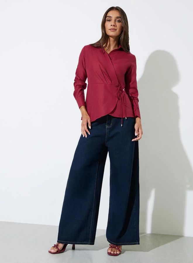 Styli Burgundy Collared Tie-Up Wrap Blouse
