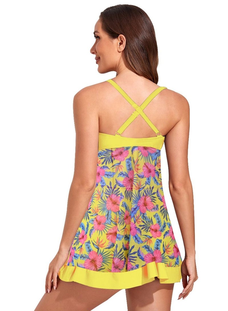 Loquat Yellow Printed Pattern Gauze Skirt Style Split Bikini Modern Female Swimsuit - Image 3