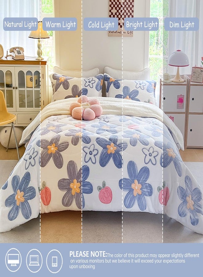 PAJEO Blue Floral Fleece Comforter Set - 3 Piece Queen Size Thick Fluffy Comforter for Her Girls Women, Plush, Cozy & Warm,Soft Bedding Bedroom Decor for Winter (1 Comforter + 2 Pillow Shams) - Image 3