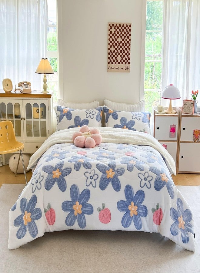PAJEO Blue Floral Fleece Comforter Set - 3 Piece Queen Size Thick Fluffy Comforter for Her Girls Women, Plush, Cozy & Warm,Soft Bedding Bedroom Decor for Winter (1 Comforter + 2 Pillow Shams) - Image 1