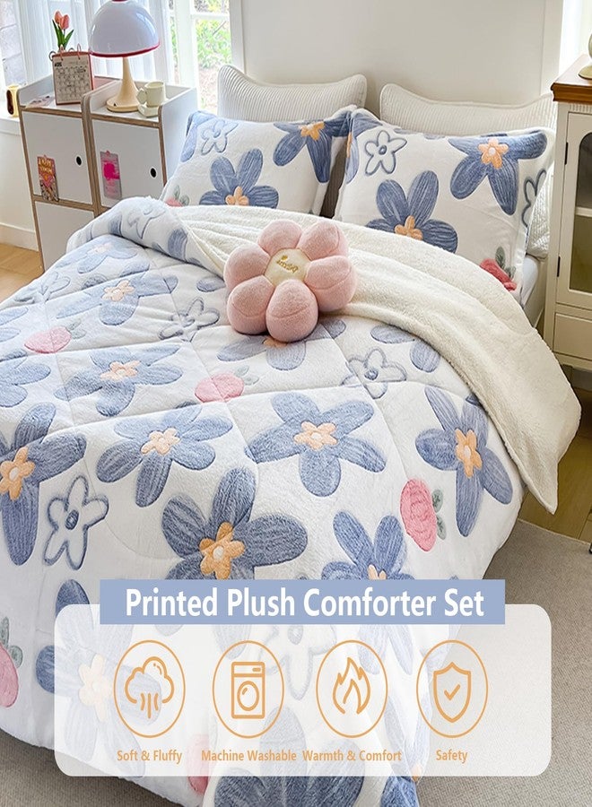PAJEO Blue Floral Fleece Comforter Set - 3 Piece Queen Size Thick Fluffy Comforter for Her Girls Women, Plush, Cozy & Warm,Soft Bedding Bedroom Decor for Winter (1 Comforter + 2 Pillow Shams) - Image 2