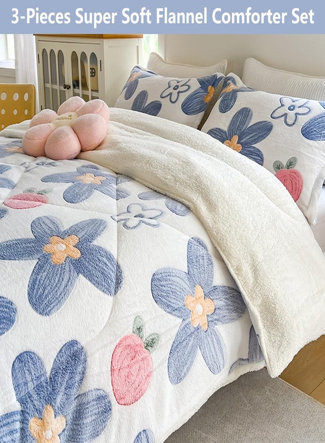 PAJEO Blue Floral Fleece Comforter Set - 3 Piece Queen Size Thick Fluffy Comforter for Her Girls Women, Plush, Cozy & Warm,Soft Bedding Bedroom Decor for Winter (1 Comforter + 2 Pillow Shams) - Image 4