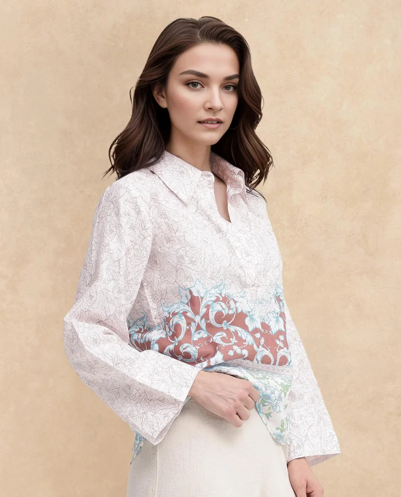 Rareism Women's Artistic Flair Collared Bell Sleeves Top
