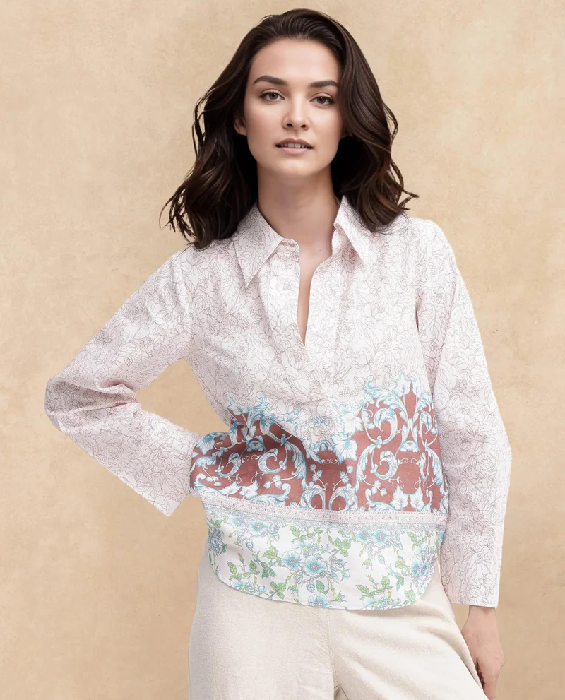 Rareism Women's Artistic Flair Collared Bell Sleeves Top