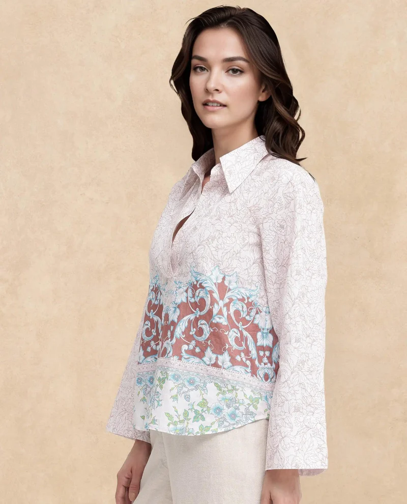 Rareism Women's Artistic Flair Collared Bell Sleeves Top