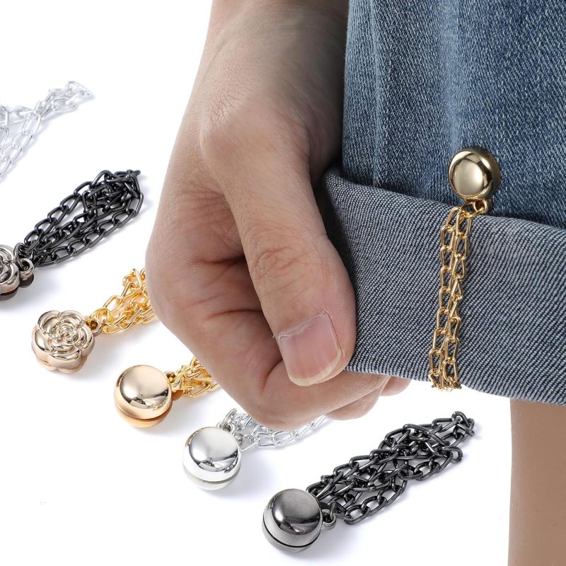 4 Pack attached clips for clothing with attached buttons for shirt with chain to secure t-shirt, shorten, hijab hem, hats, scarves, clothing, long pants, legs, sleeves - Image 5
