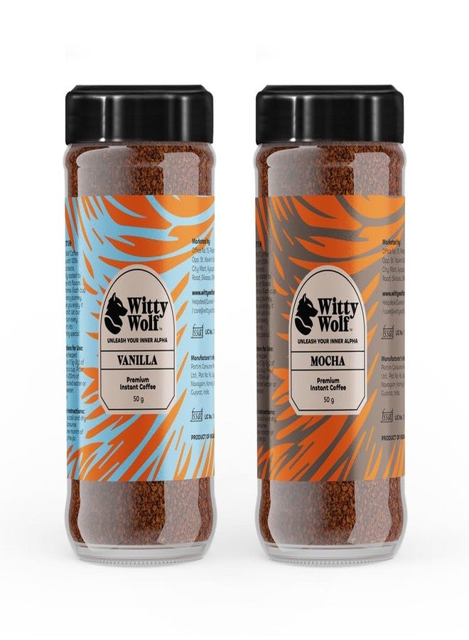 Witty Wolf Premium Vanilla & Mocha Instant Flavored Coffee Combo (50gm + 50gm) | Espresso, Latte & Cappuccino | Hot & Cold Coffee (Pack of 2) - Image 1