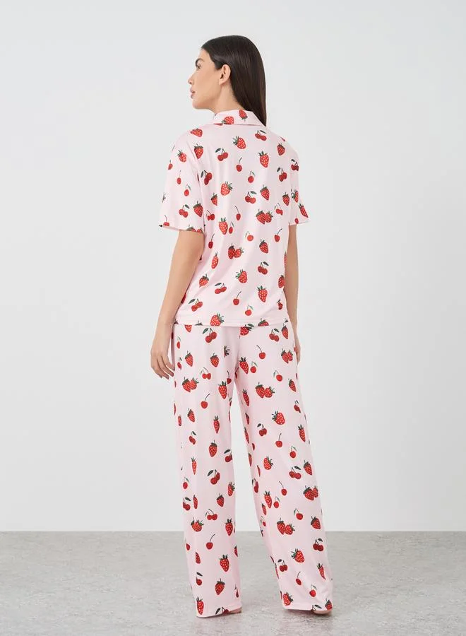 Take Two Take Two Strawberry Printed Shirt and Pyjama Set