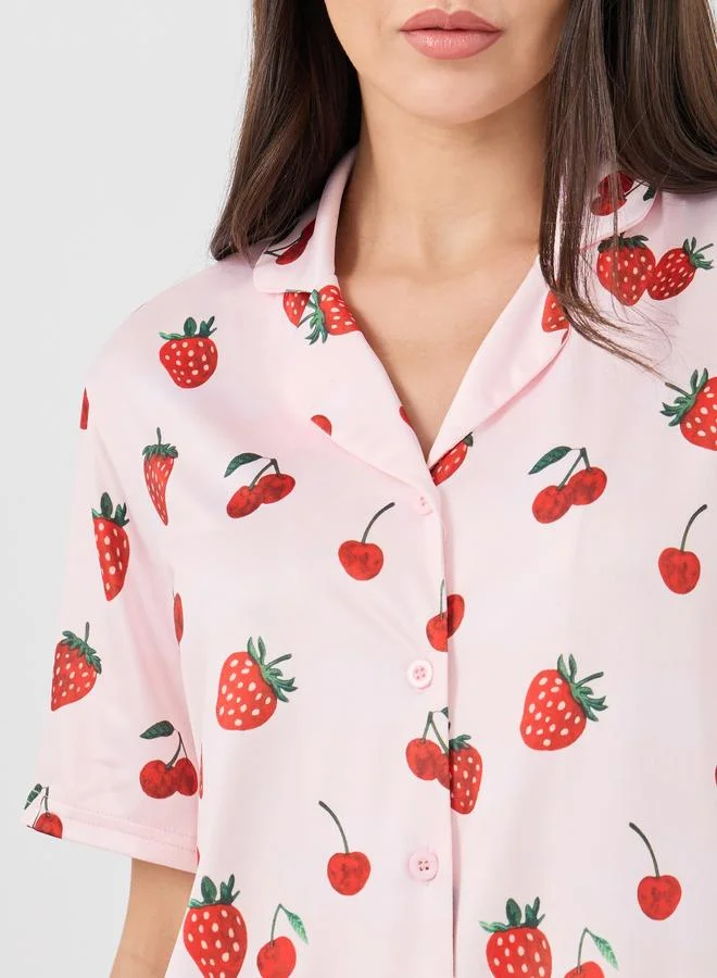 Take Two Take Two Strawberry Printed Shirt and Pyjama Set